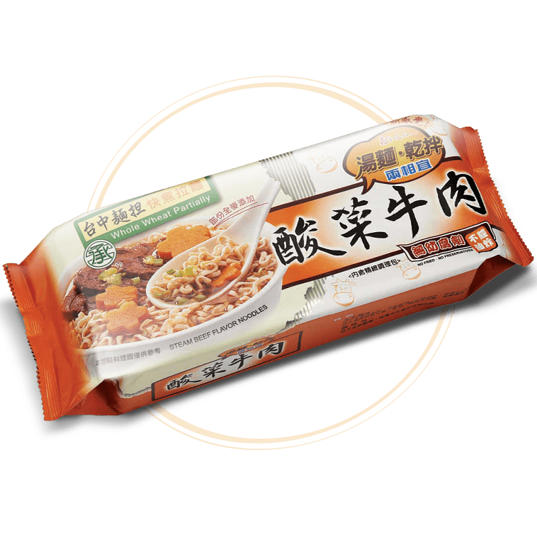 #5909 酸菜牛肉拉麵-五辛素 STEAM BEEF FLAVOR NOODLES (承昌) 400g, 12/cs